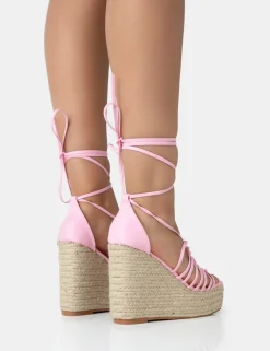 Sale Reece Baby PU Knot Strap Lace Up Raffia Wedge Heels 5