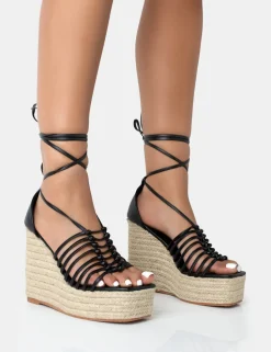 Online Reece PU Knot Strap Lace Up Raffia Wedge Heels Wedges | Lace Up Heels