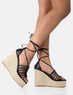 Online Reece PU Knot Strap Lace Up Raffia Wedge Heels Wedges | Lace Up Heels