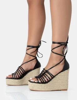 Online Reece PU Knot Strap Lace Up Raffia Wedge Heels Wedges | Lace Up Heels