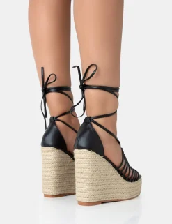 Online Reece PU Knot Strap Lace Up Raffia Wedge Heels Wedges | Lace Up Heels