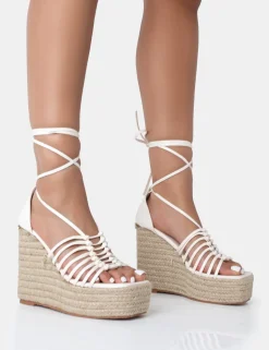 New Reece Wide Fit Ecru Pu Knot Strap Lace Up Raffia Wedge Heels Wide Fit Block Heels | Wide Fit Heels