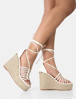New Reece Wide Fit Ecru Pu Knot Strap Lace Up Raffia Wedge Heels Wide Fit Block Heels | Wide Fit Heels