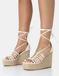New Reece Wide Fit Ecru Pu Knot Strap Lace Up Raffia Wedge Heels Wide Fit Block Heels | Wide Fit Heels