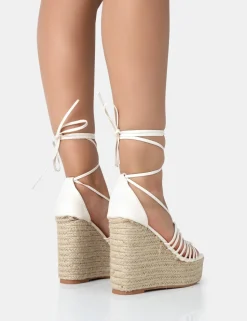 New Reece Wide Fit Ecru Pu Knot Strap Lace Up Raffia Wedge Heels Wide Fit Block Heels | Wide Fit Heels