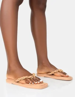 Cheap Retreat Nude PU Chain Strap Flip Flop Sandals Flats