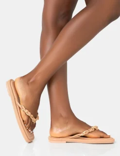Cheap Retreat Nude PU Chain Strap Flip Flop Sandals Flats