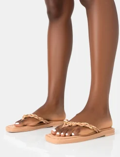 Cheap Retreat Nude PU Chain Strap Flip Flop Sandals Flats