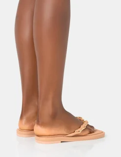 Cheap Retreat Nude PU Chain Strap Flip Flop Sandals Flats