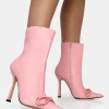 New Rhia Pu Bow Pointed Toe Stiletto Ankle Boots 4" Heels | Pink Heels
