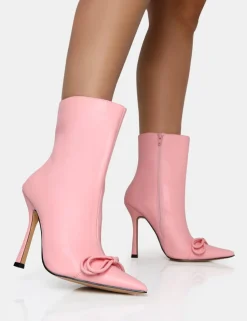 New Rhia Pu Bow Pointed Toe Stiletto Ankle Boots 4" Heels | Pink Heels
