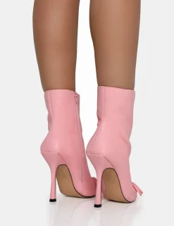 New Rhia Pu Bow Pointed Toe Stiletto Ankle Boots 4" Heels | Pink Heels