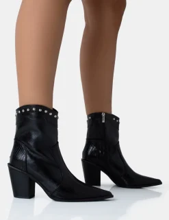 Discount Riley Croc Metal Studded Detail Western Cowboy Block Ankle Boots Block Heels | Western Boots