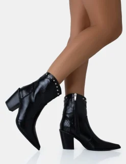 Discount Riley Croc Metal Studded Detail Western Cowboy Block Ankle Boots Block Heels | Western Boots