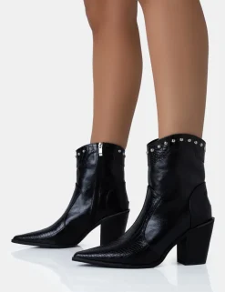 Discount Riley Croc Metal Studded Detail Western Cowboy Block Ankle Boots Block Heels | Western Boots
