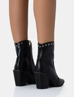 Discount Riley Croc Metal Studded Detail Western Cowboy Block Ankle Boots Block Heels | Western Boots