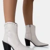 New Riley Ecru Croc Metal Studded Detail Western Cowboy Block Ankle Boots Block Heels | Western Boots