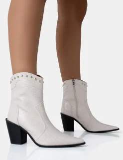 New Riley Ecru Croc Metal Studded Detail Western Cowboy Block Ankle Boots Block Heels | Western Boots