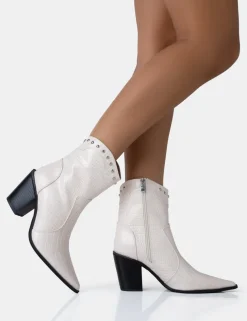 New Riley Ecru Croc Metal Studded Detail Western Cowboy Block Ankle Boots Block Heels | Western Boots
