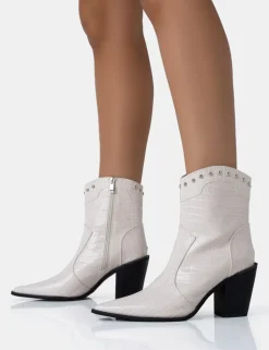 New Riley Ecru Croc Metal Studded Detail Western Cowboy Block Ankle Boots Block Heels | Western Boots