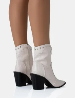 New Riley Ecru Croc Metal Studded Detail Western Cowboy Block Ankle Boots Block Heels | Western Boots
