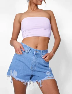 Cheap Ripped Denim Short High Waisted Blue Wash Shorts