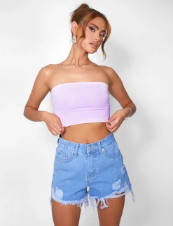 Cheap Ripped Denim Short High Waisted Blue Wash Shorts