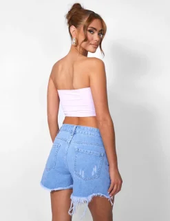 Cheap Ripped Denim Short High Waisted Blue Wash Shorts