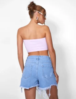 Cheap Ripped Denim Short High Waisted Blue Wash Shorts