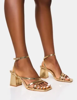 Cheap Robin Strappy Square Toe Mid Block Heels Strappy Heels | Gold Heels