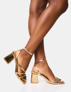 Cheap Robin Strappy Square Toe Mid Block Heels Strappy Heels | Gold Heels