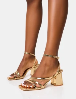 Cheap Robin Strappy Square Toe Mid Block Heels Strappy Heels | Gold Heels