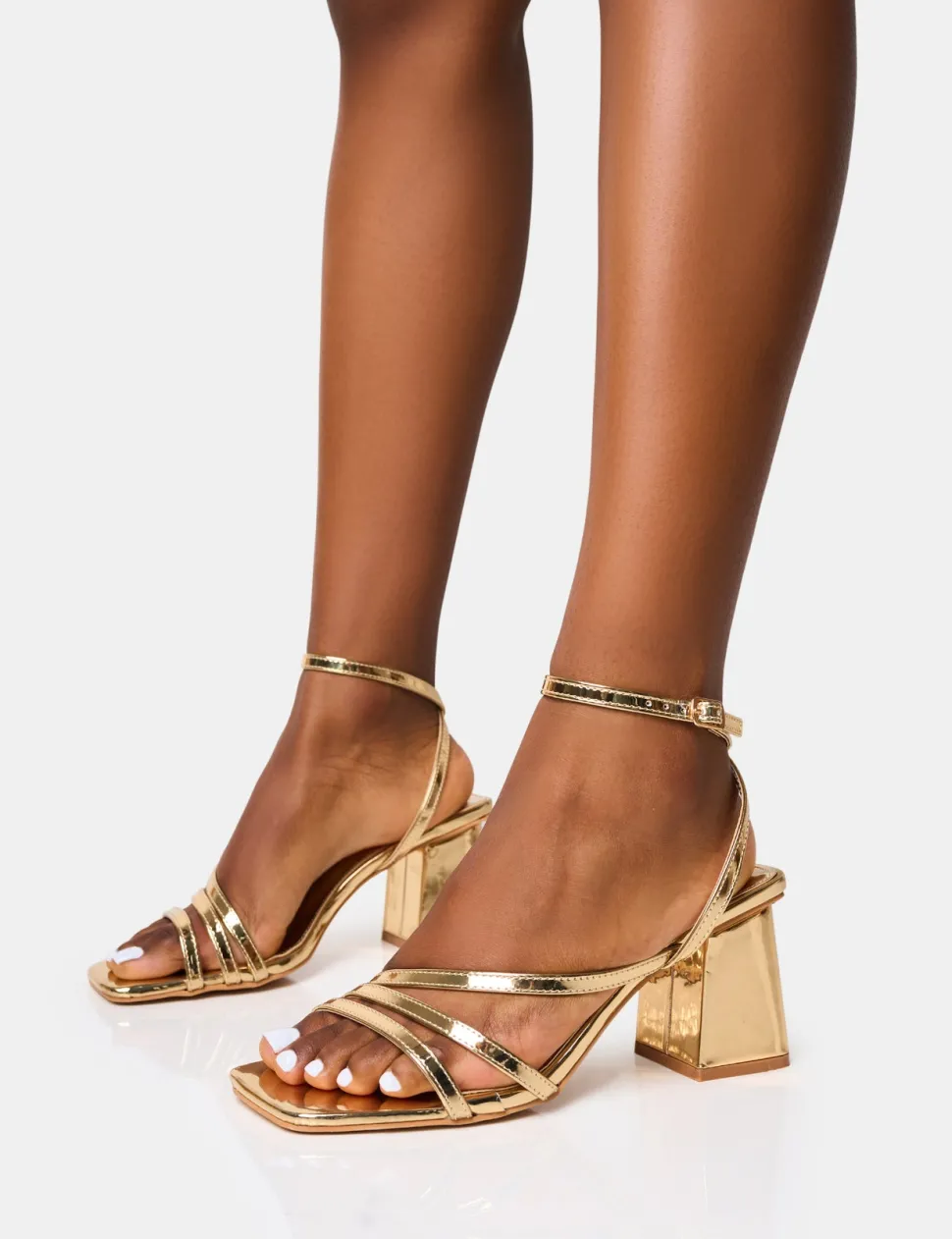 Cheap Robin Strappy Square Toe Mid Block Heels Strappy Heels | Gold Heels