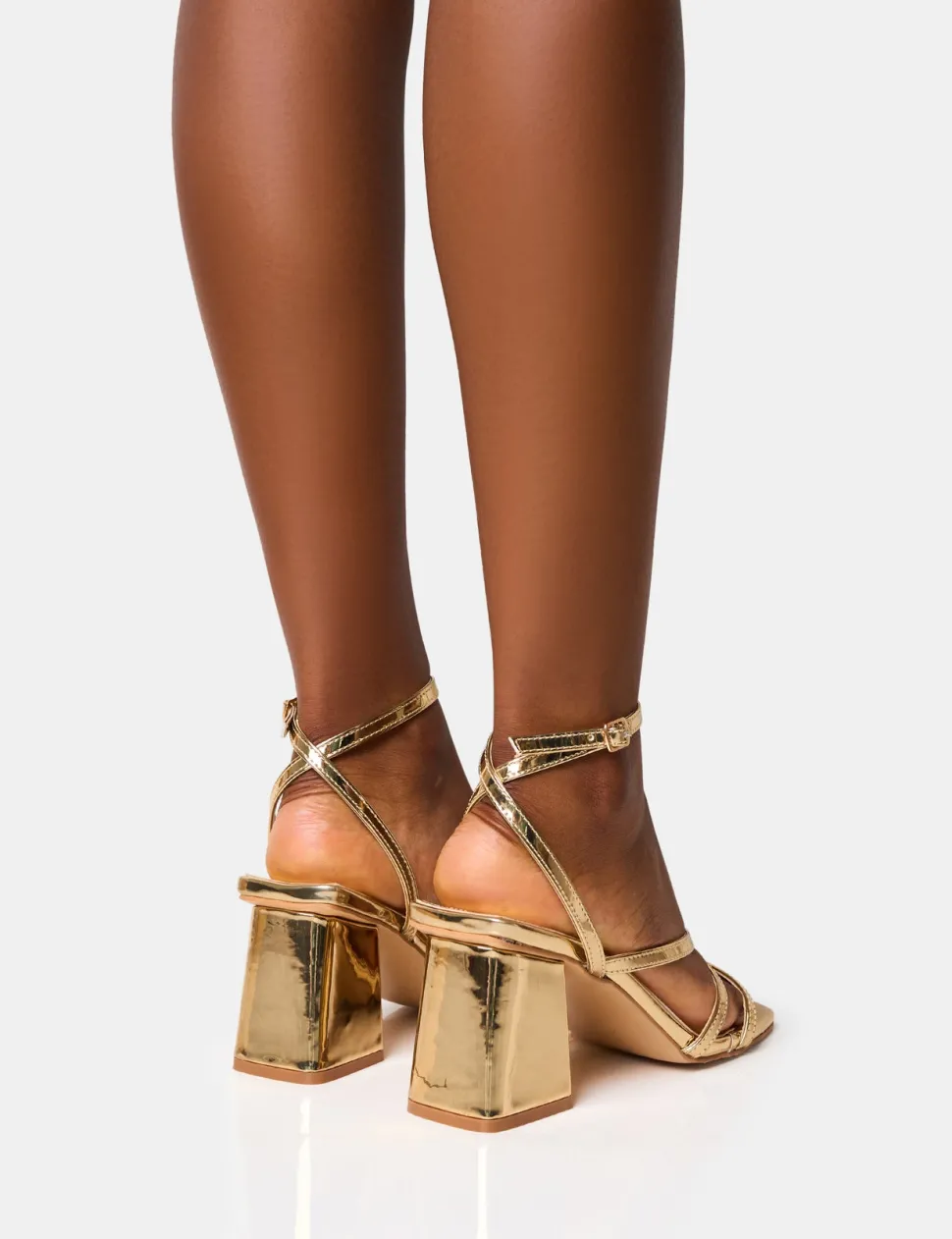 Cheap Robin Strappy Square Toe Mid Block Heels Strappy Heels | Gold Heels