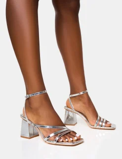 Cheap Robin Strappy Square Toe Mid Block Heels Strappy Heels | Silver Heels