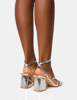 Cheap Robin Strappy Square Toe Mid Block Heels Strappy Heels | Silver Heels