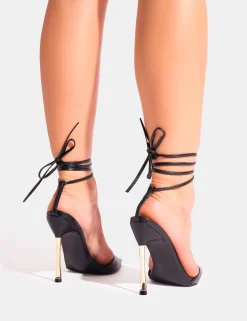 Clearance Ronnie Pointed Toe Lace Up Barely There Gold Stiletto Heels Strappy Heels | Lace Up Heels