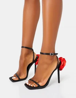 Clearance Rosalia Satin Flower Detail Barely There Stiletto High Heels Barely There Heels | Lace Up Heels
