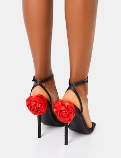 Clearance Rosalia Satin Flower Detail Barely There Stiletto High Heels Barely There Heels | Lace Up Heels