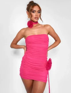Outlet Rose Detail Bandeau Mesh Mini Dress Hot Pink Back In Stock | Dresses