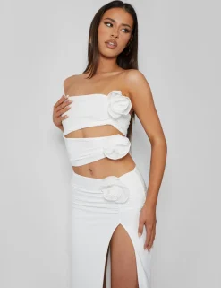 Store Rose Detail Cut Away Bandeau Top Ivory Co-ords | Tops