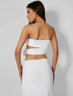 Store Rose Detail Cut Away Bandeau Top Ivory Co-ords | Tops