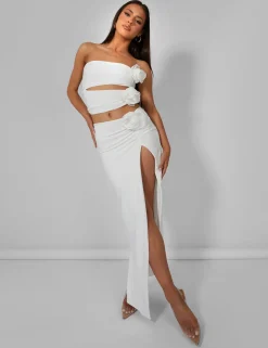 New Rose Detail Extreme Split Maxi Skirt Ivory Co-ords | Skirts