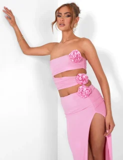 Cheap Rose Detail Extreme Split Maxi Skirt Pink Co-ords | Skirts