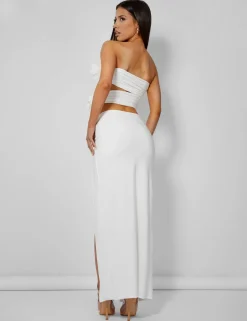 New Rose Detail Extreme Split Maxi Skirt Ivory Co-ords | Skirts