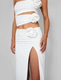 New Rose Detail Extreme Split Maxi Skirt Ivory Co-ords | Skirts