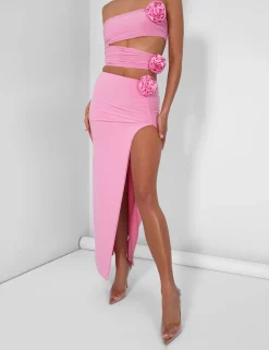 Cheap Rose Detail Extreme Split Maxi Skirt Pink Co-ords | Skirts
