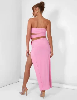 Cheap Rose Detail Extreme Split Maxi Skirt Pink Co-ords | Skirts