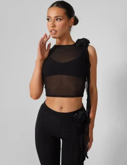 Flash Sale Rose Detail Sleeveless Mesh Top Tops