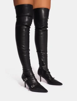 Cheap Roulette Pointed Toe Diamante Buckle Mid Heel Over The Knee Sock Boots Mid Heels | Mid Heels